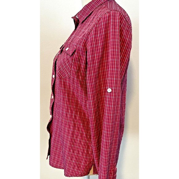 Eddie Bauer Womens Long Sleeve Button Front Top size SP Pink White Pinstriped - Picture 2 of 10